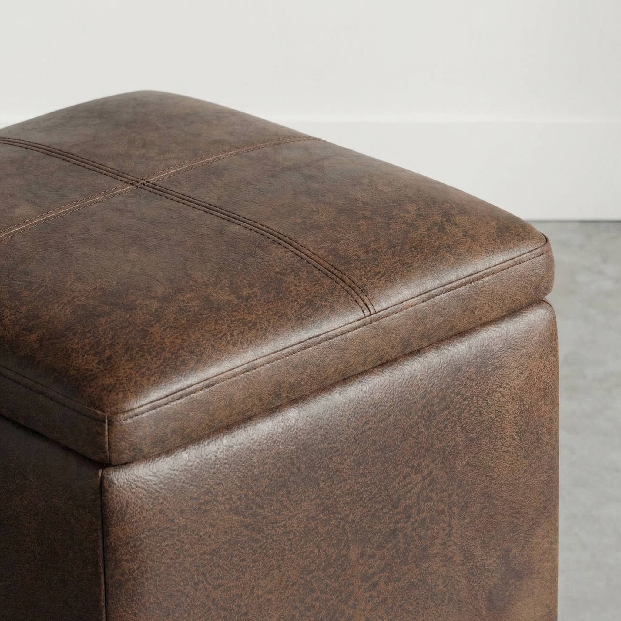 Alt View 2. Simpli Home - Rockwood 17 inch Wide Upholstered Vegan Leather Square Storage Ottoman with Tray, Aged Brown - Aged Brown.