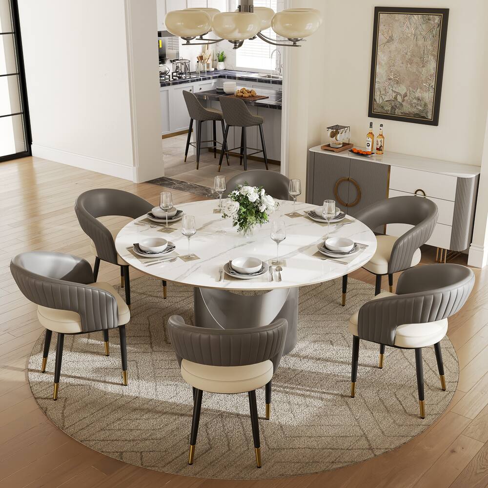 Angle. POVISON - Modern Upholstered Dining Chairs Set of 2, Barrel Chairs with Open Back, Faux Leather Dining Chairs, Gray & Beige - Beige & Gray.