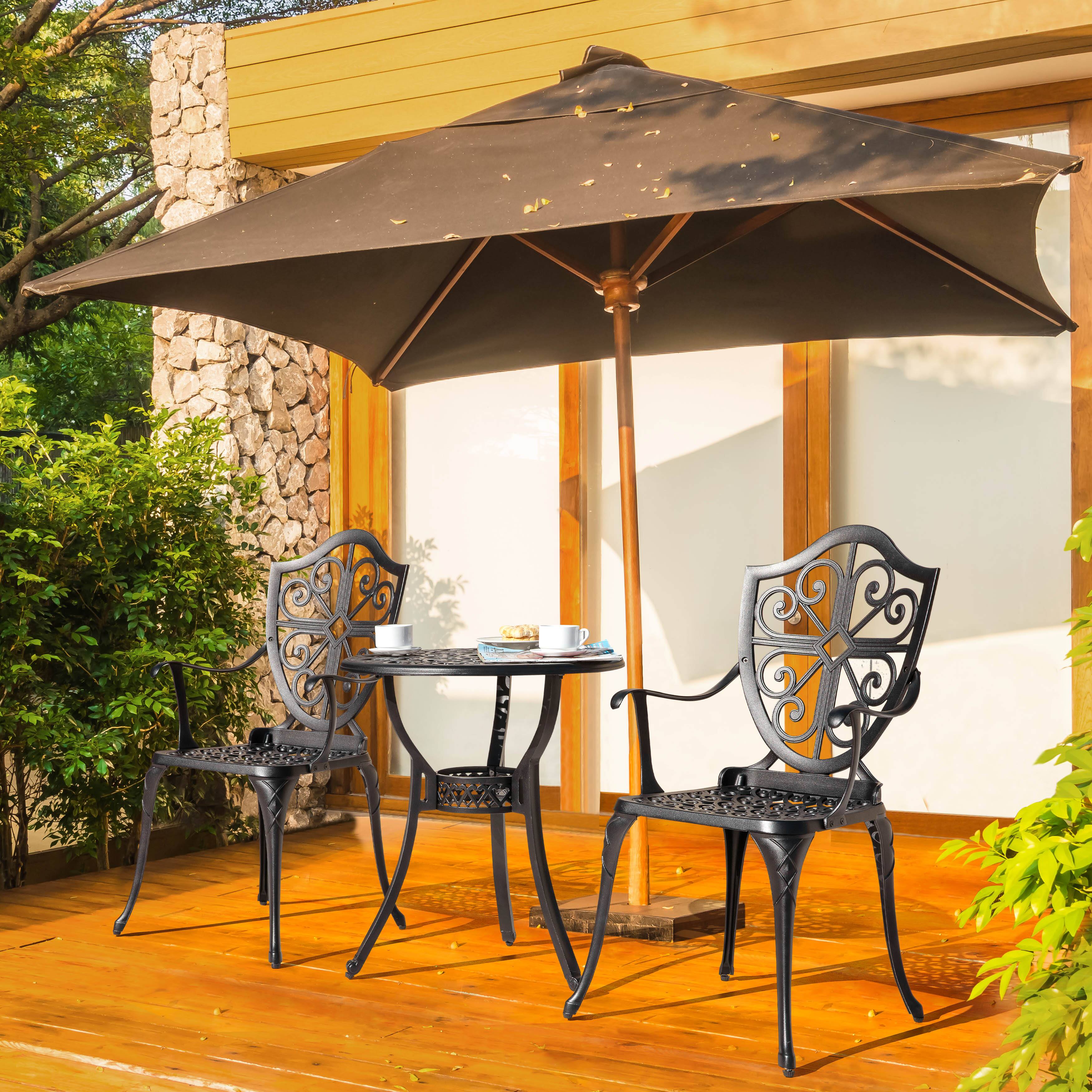 Alt View 6. Nuu Garden - 24 Inch Cast Aluminum Bistro Table with Umbrella Hole and 2 Bistro Chairs - Black.