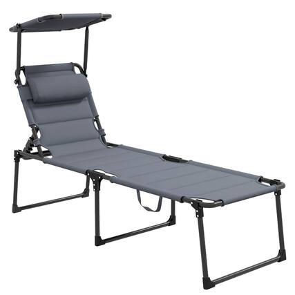 Front. Outsunny - Outdoor Lounge Chair, Adjustable Backrest Folding Chaise Lounge, Cushioned Tanning Chair with Sunshade Roof & Pillow - Gray.