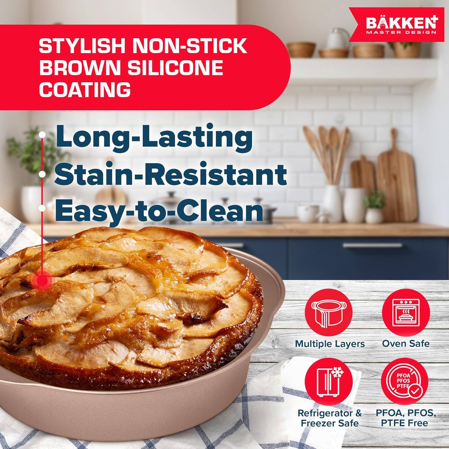 STYLISH NON-STICK BROWN SILICONE COATING BKKEN MASTER DESIGN Long-Lasting Stain-Resistant Easy-to-Clean Multiple Layers Oven Safe Refrigerator & Freezer Safe PFOA, PFOS, PTFE Free