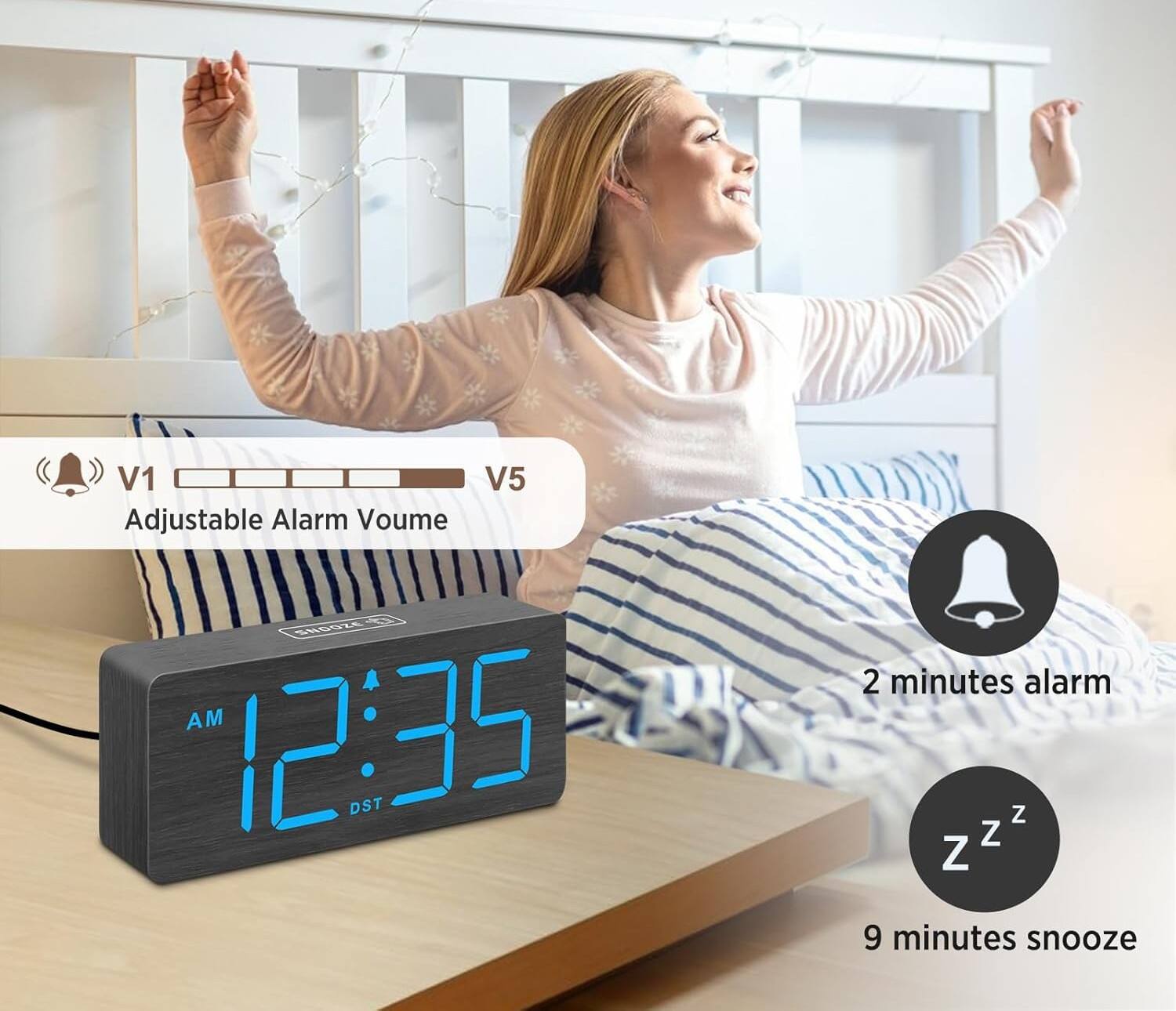 V1 V5 Adjustable Alarm Volume  
5GSLE AM 12:35 DST  
2 minutes alarm  
9 minutes snooze