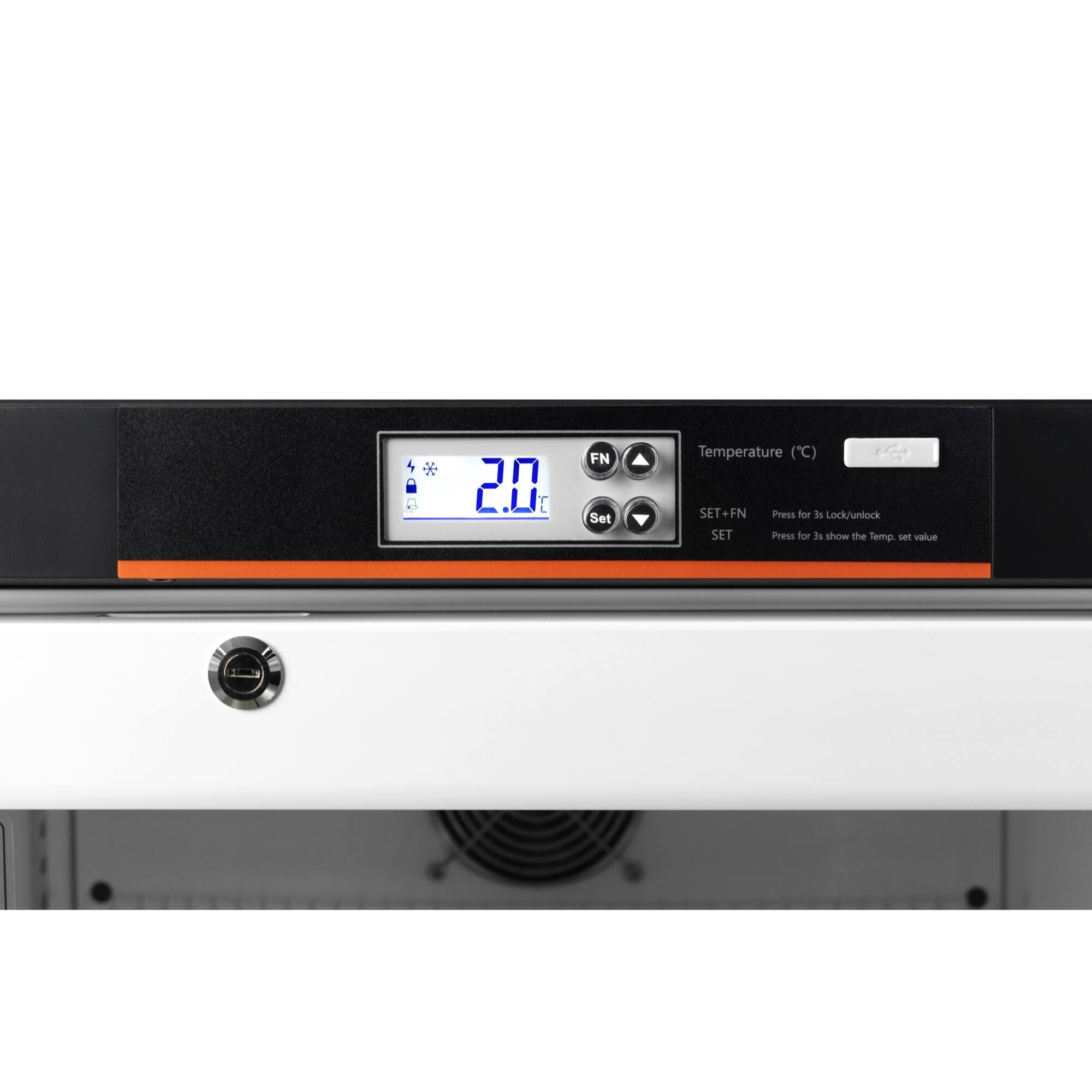 The text on the image says "4 * 2.0 FN Set Temperature (C) SET+FN Press for is Lock/unlock SET Press for is throw the Semp se value." This text is describing the temperature control settings for a device. The device has a temperature range of 2.0 degrees Celsius, and it can be locked or unlocked using the SET+FN button. The SET button is used to set the desired temperature, while the FN button is used to lock the temperature in place. The device also has a "throw" function that allows the user to change the temperature setting by a certain amount.