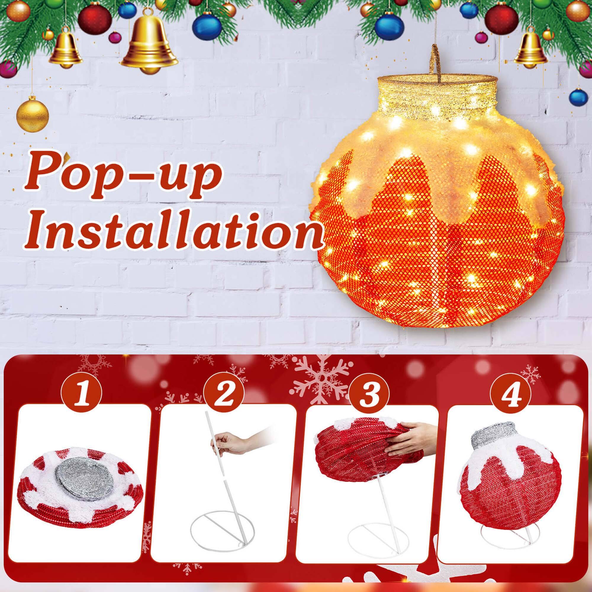 Pop-up Installation

1. Place the base on a flat surface.
2. Insert the stand into the base.
3. Attach the mesh cover to the stand.
4. Add the top piece to complete the ornament.
