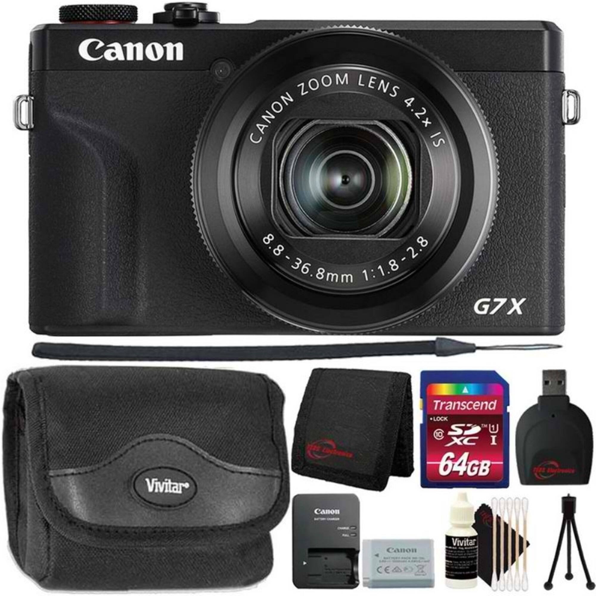 Canon Zoom Lens Canon 4.2x IS 8.8-36.8mm 1:1.8-2.8 G7X  
Vivitar  
Transcend 64GB  
Canon