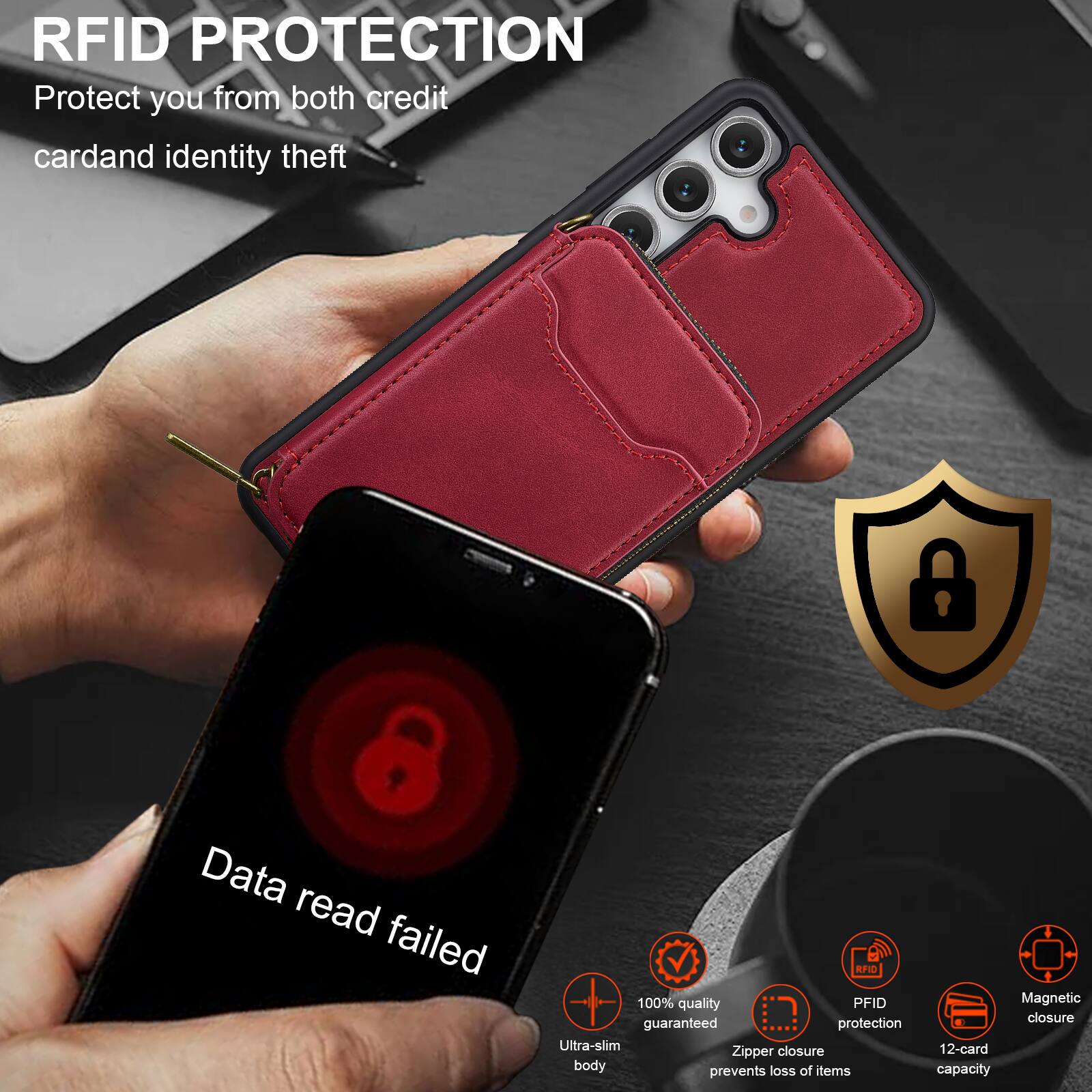 RFID PROTECTION  
Protect you from both credit card and identity theft  

Data read failed  

100% quality guaranteed protection  
Ultra-slim closure  
Zipper body prevents loss of items  
Magnetic closure  
12-card capacity  

RFID PROTECTION  
Protect you from both credit card and identity theft