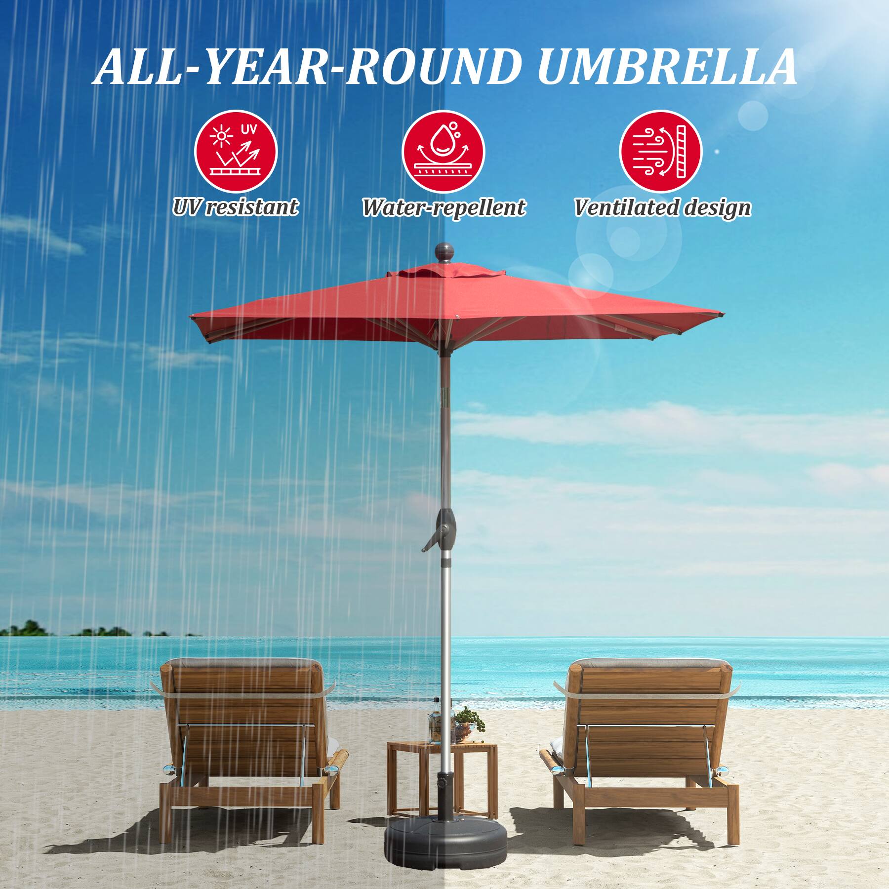 ALL-YEAR-ROUND UMBRELLA

- UV resistant
- Water-repellent
- Ventilated design