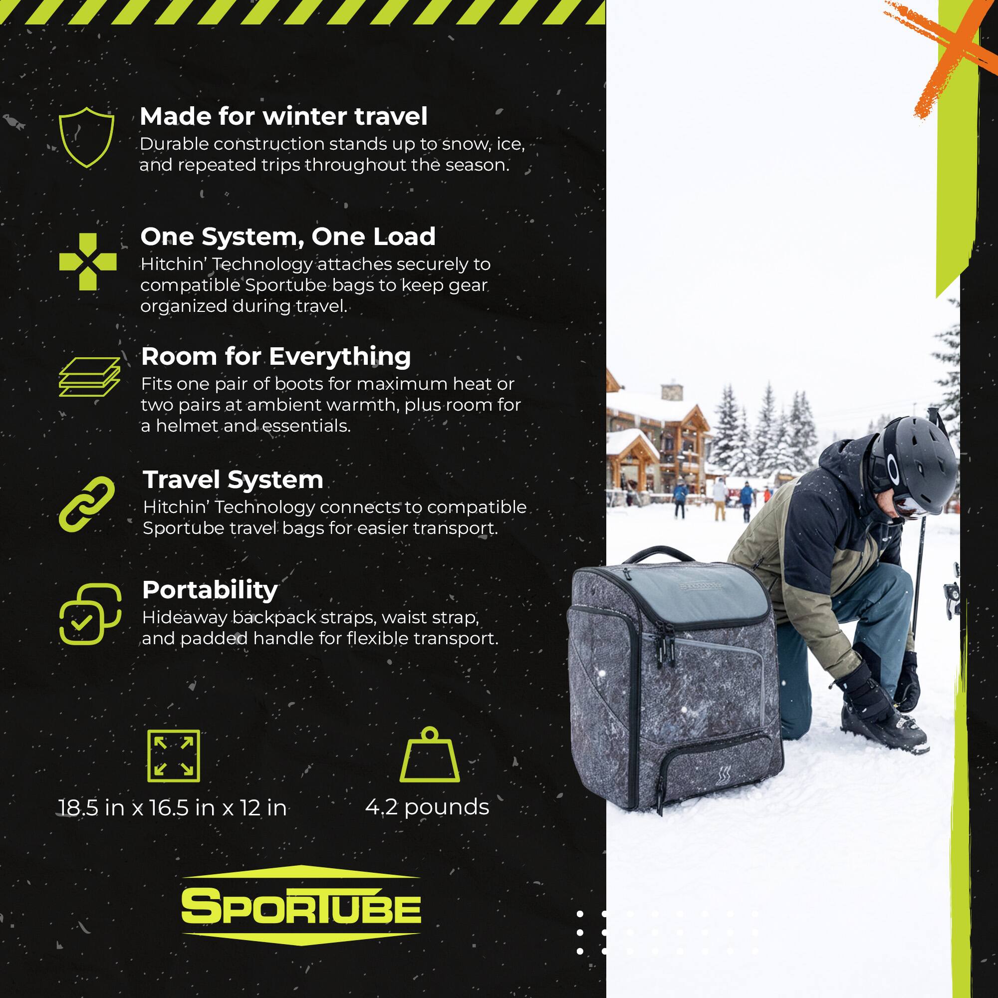 Made for winter travel  
Durable construction stands up to snow, ice, and repeated trips throughout the season.  

One System, One Load  
Hitchin' Technology attaches securely to compatible Sportube bags to keep gear organized during travel.  

Room for Everything  
Fits one pair of boots for maximum heat or two pairs at ambient warmth, plus room for a helmet and essentials.  

Travel System  
Hitchin' Technology connects to compatible Sportube travel bags for easier transport.  

Portability  
Hideaway backpack straps, waist strap, and padded handle for flexible transport.  

18.5 in x 16.5 in x 12 in  
4.2 pounds  

SPORTUBE