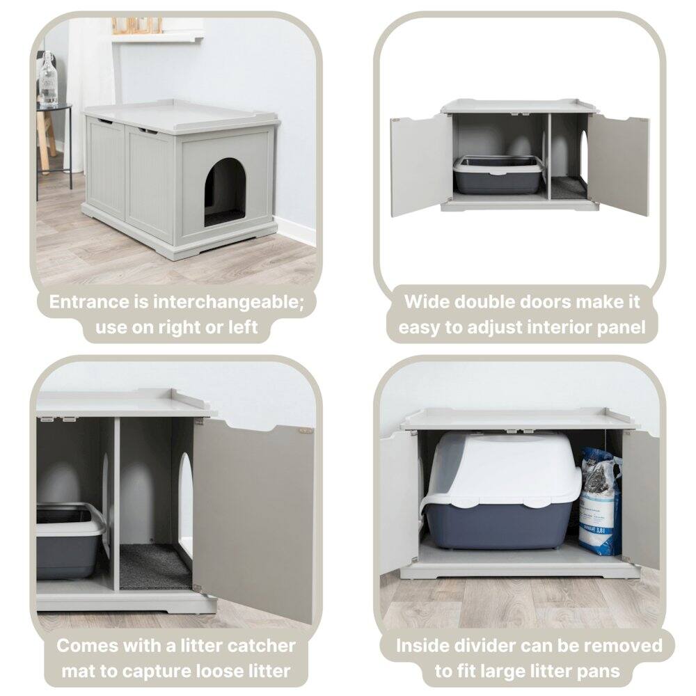 - Entrance is interchangeable; use on right or left
- Wide double doors make it easy to adjust interior panel
- Comes with a litter catcher mat to capture loose litter
- Inside divider can be removed to fit large litter pans