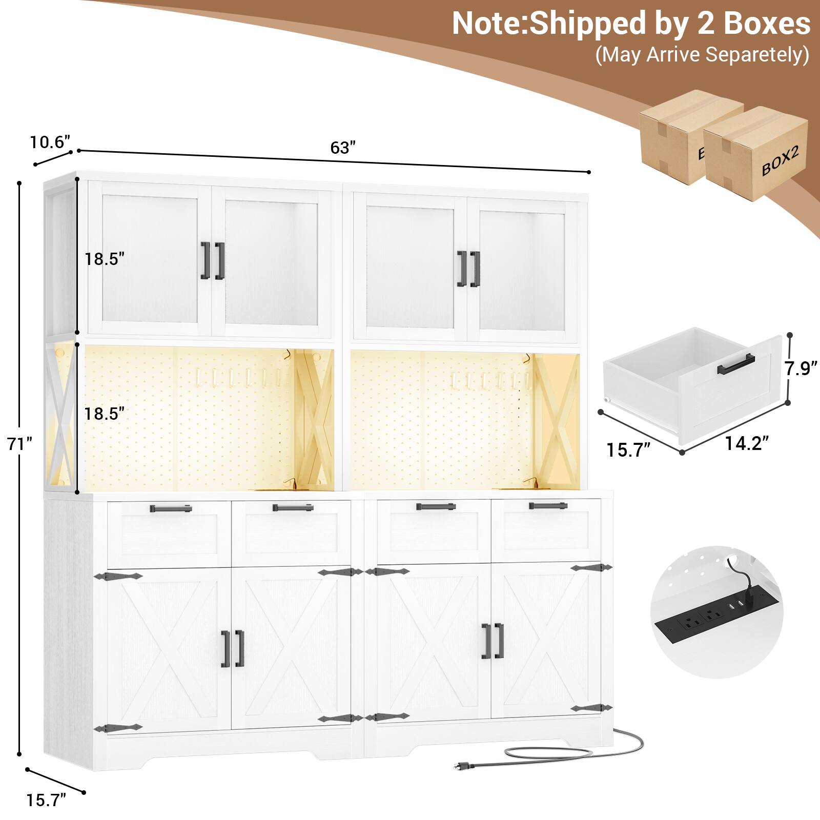 Note: Shipped by 2 Boxes (May Arrive Separately)

- Height: 71"
- Width: 63"
- Depth: 18.5"
- Height of upper cabinets: 18.5"
- Height of lower cabinets: 15.7"
- Width of drawers: 15.7"
- Width of sink: 14.2"
- Depth of sink: 7.9"
- Height of sink: 7.9"