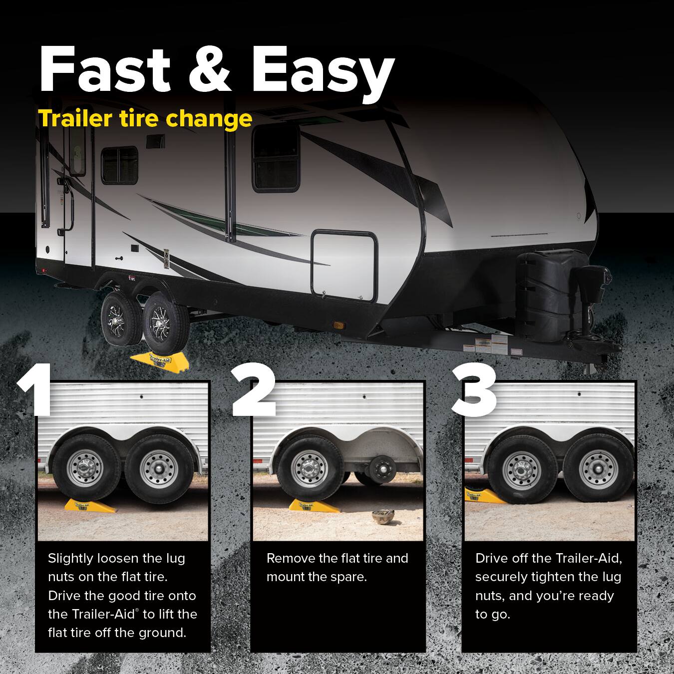 Fast & Easy Trailer tire change

1. Slightly loosen the lug nuts on the flat tire. Drive the good tire onto the Trailer-Aid to lift the flat tire off the ground.
2. Remove the flat tire and mount the spare.
3. Drive off the Trailer-Aid, securely tighten the lug nuts, and you're ready to go.
