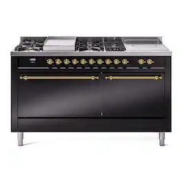 ILVE - Nostalgie II Series 60 in. Dual Fuel Range with 7 Sealed Burners + Griddle (Liquid Propane, Brass Trim) - Glossy Black