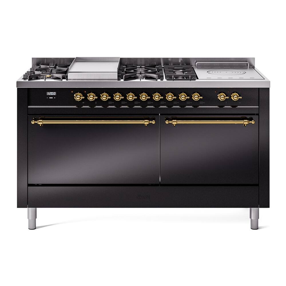 Front. ILVE - ILVE Nostalgie II 60 inch Dual Fuel Range with 7 Burners + Griddle (Liquid Propane, Glossy Black, Brass Trim) - Glossy Black.