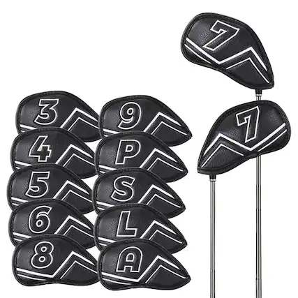 Front. WELSPO - 11 Pcs Magnetic Golf Iron Head Covers - Black.