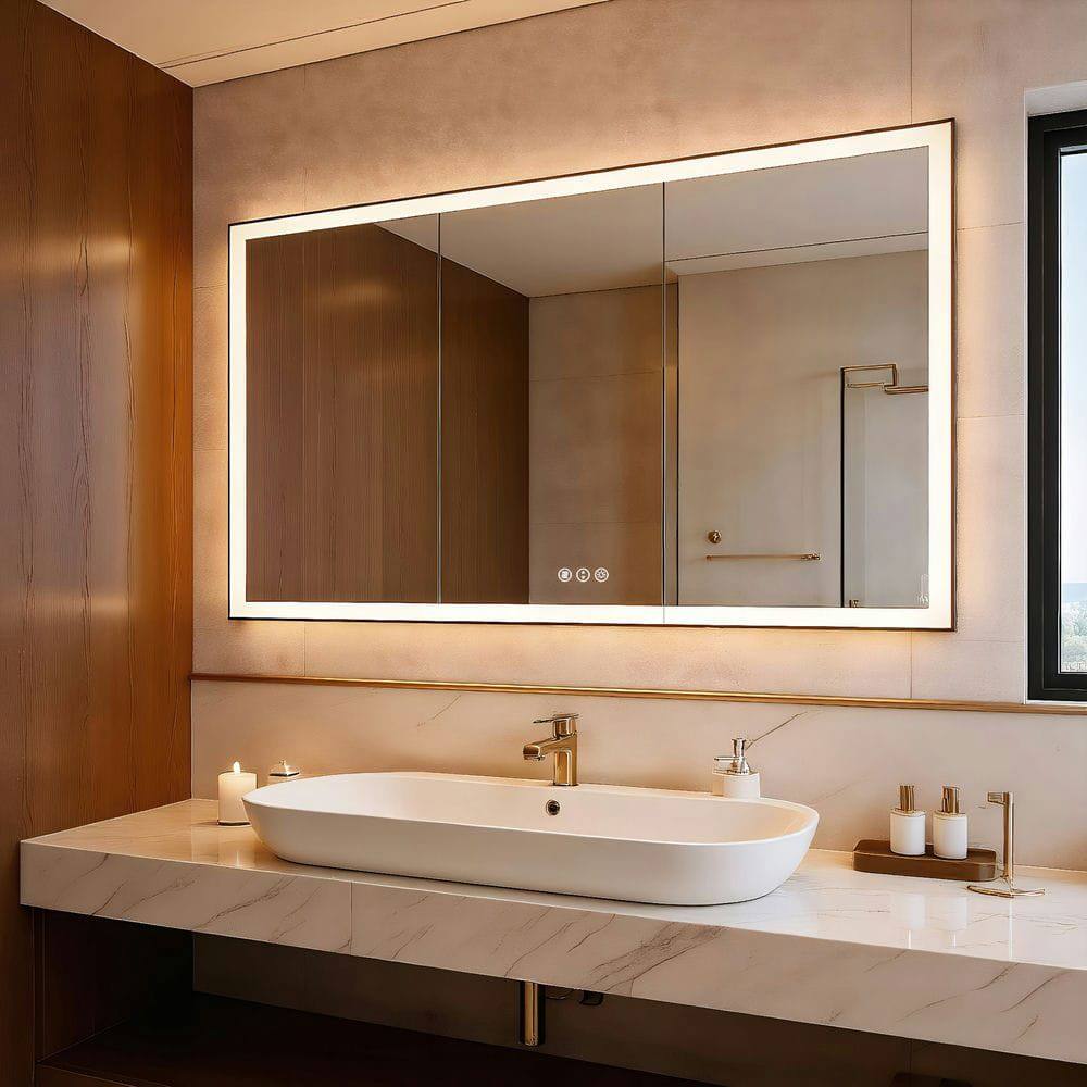 Alt View 6. Kadyn - 72x36 Inch Wall-to-Wall Rectangle LED Bathroom Mirror with Black Frame - Black.