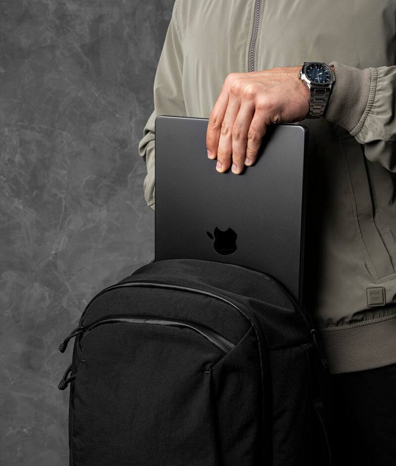 Alt View 5. ALPAKA - Traverse Backpack Laptop Backpack for Men, Backpack with Laptop Compartment (16"), Clamshell Travel Pack, Bottle Sleeve - Black Axoflux 400D Ripstop Nylon.