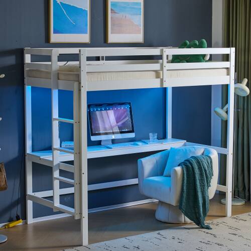 Alt View 8. Winado - Twin Size Wood Loft Bed Frame with Desk & Bookcase Solid Safety Guardrail with RGB LED 2 Charging Station for Junior - White.