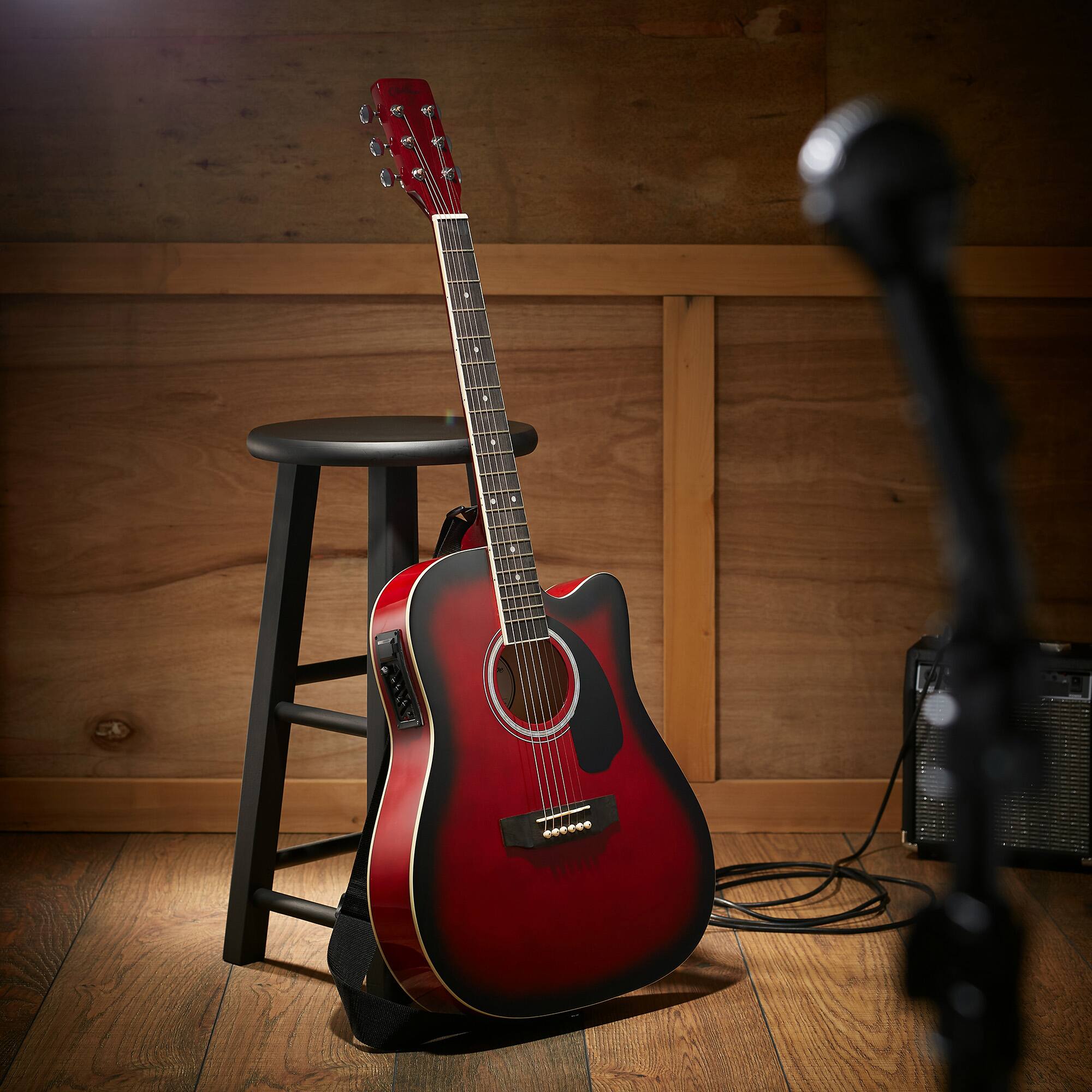 Alt View 1. Ashthorpe - Full-Size Cutaway Thinline Acoustic-Electric Guitar w/ Gig Bag and EQ - Red.