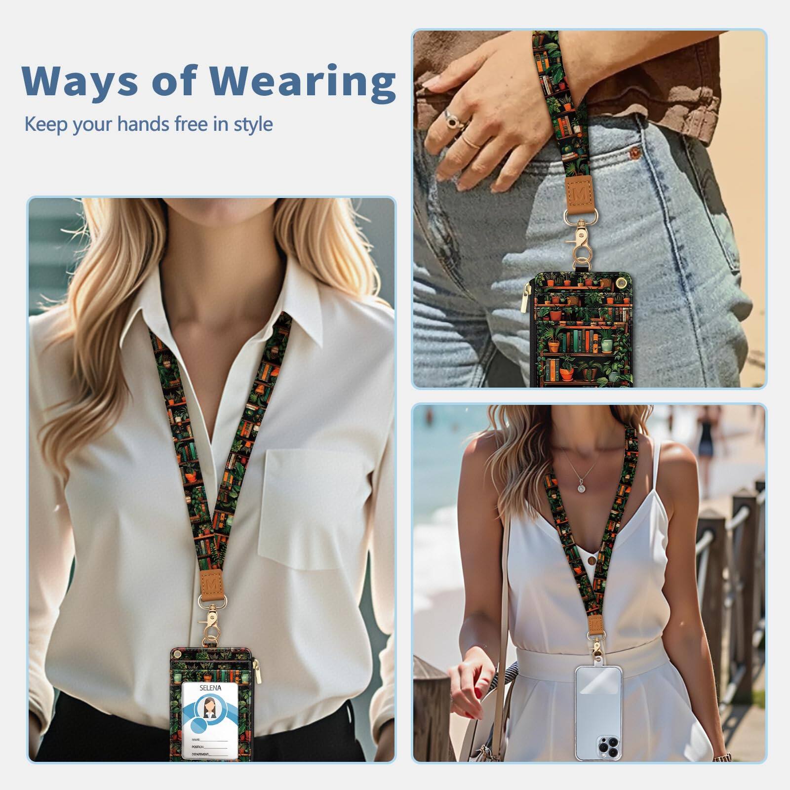 Left. Jadie Link - Lanyard Wallet Badge Holder Bookshelf Rfid Small Keychain Women Wristlet Cute Zipper Credit Card Phone Wrist Neck Strap - Solid-caramel.