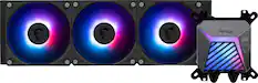 Front. MSI - MSI MAG Core Liquid A15 360 ARGB Liquid CPU Cooler, 360mm Radiator, Tri 120mm PWN Fans, RGB lighting - Black.