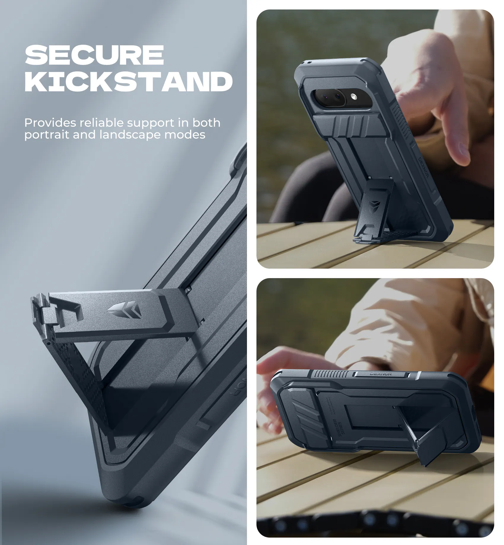 SECURE KICKSTAND Provides reliable support in both portrait and landscape modes DLEONOR - .