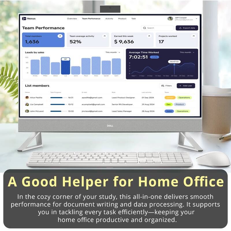 Nexus Overview  
Team Performance  
Activity  

Total members: 1,636  
Team average activity: 52%  
Earned this week: $9,636  
Projects worked: 17  
Leads by sales: 97  
Average Time Worked: 7:02:51 (+1.2%)  

List members:  
- Alice Padilla: Lead Product Designer  
- Lisa Campbell: Senior RN Developer  
- John McLeod: Lead Sales Manager  

A Good Helper for Home Office  
In the cozy corner of your study, this all-in-one delivers smooth performance for document writing and data processing. It supports you in tackling every task efficiently—keeping your home office productive and organized.