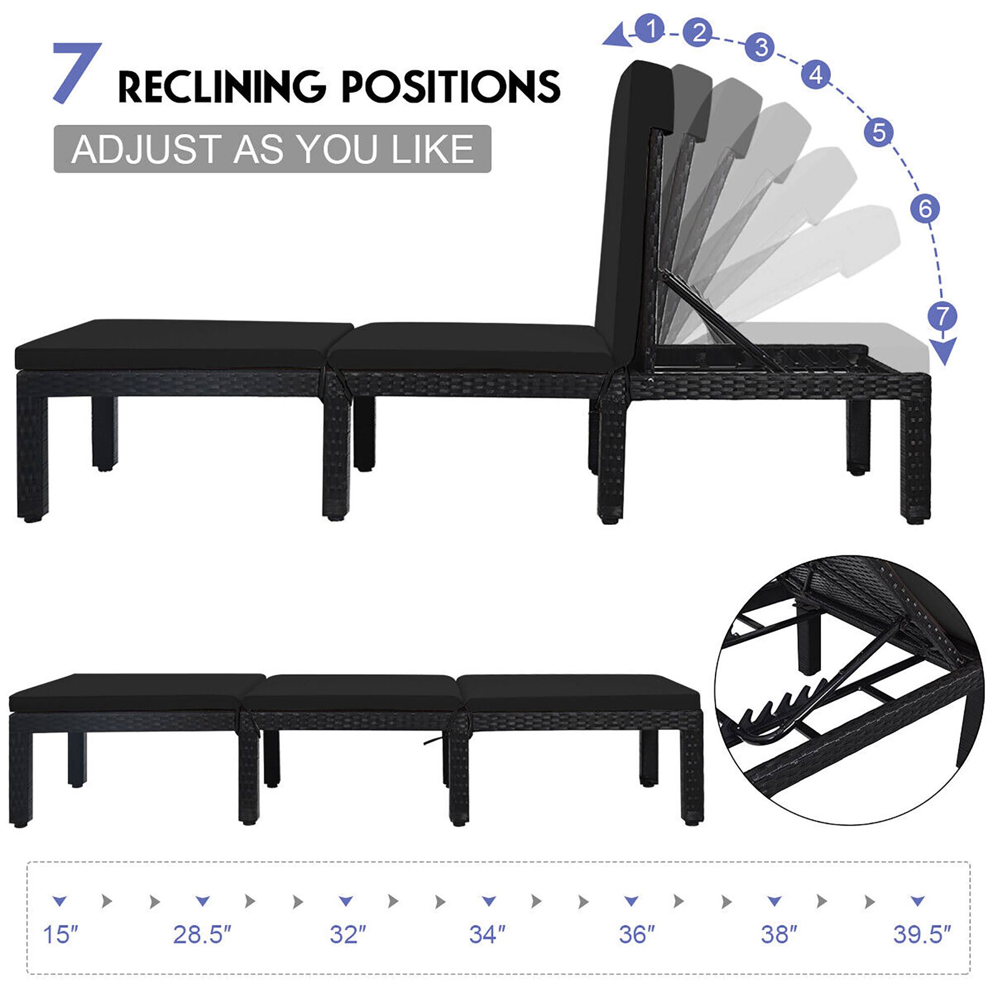 7 RECLINING POSITIONS ADJUST AS YOU LIKE 1 2 3 4 5 6 7 15" 28.5" 32" 34" 36" 38" 39.5"