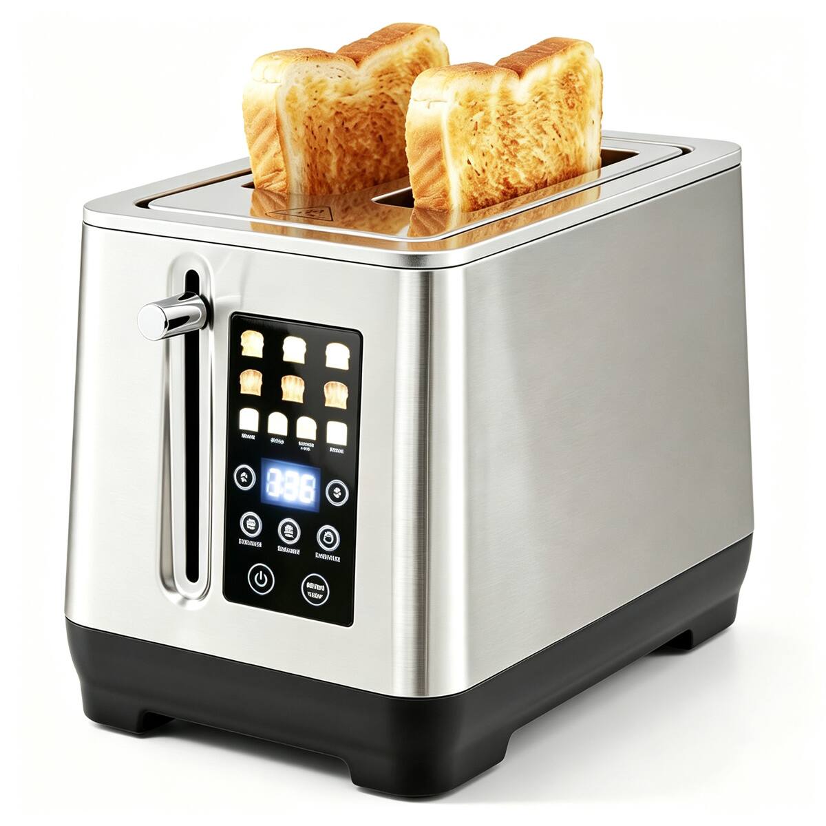 Angle. VAVSEA - 2 Slice Stainless Steel Toaster with LED Display 6 Browning Levels and 4 Bread Modes - Silver.