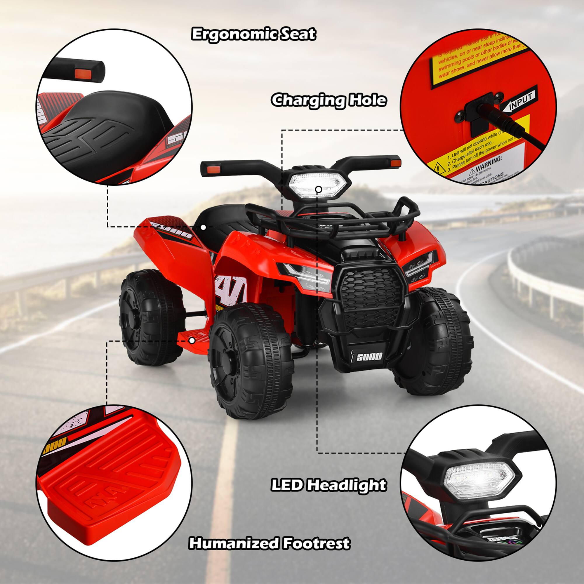 - Ergonomic Seat
- Charging Hole
- LED Headlight
- Humanized Footrest