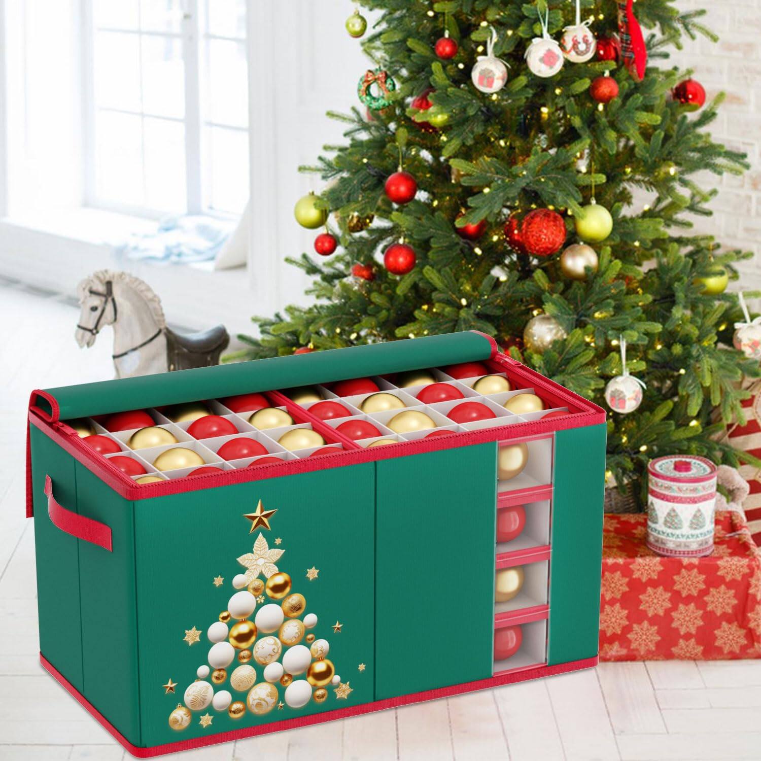 Alt View 5. Paradigms Interiors - Large Christmas Ornament Storage With 8 Adjustable Trays Organizer Box Dividers Xmas Ornaments For Holiday ... - Green-96 Ornaments.