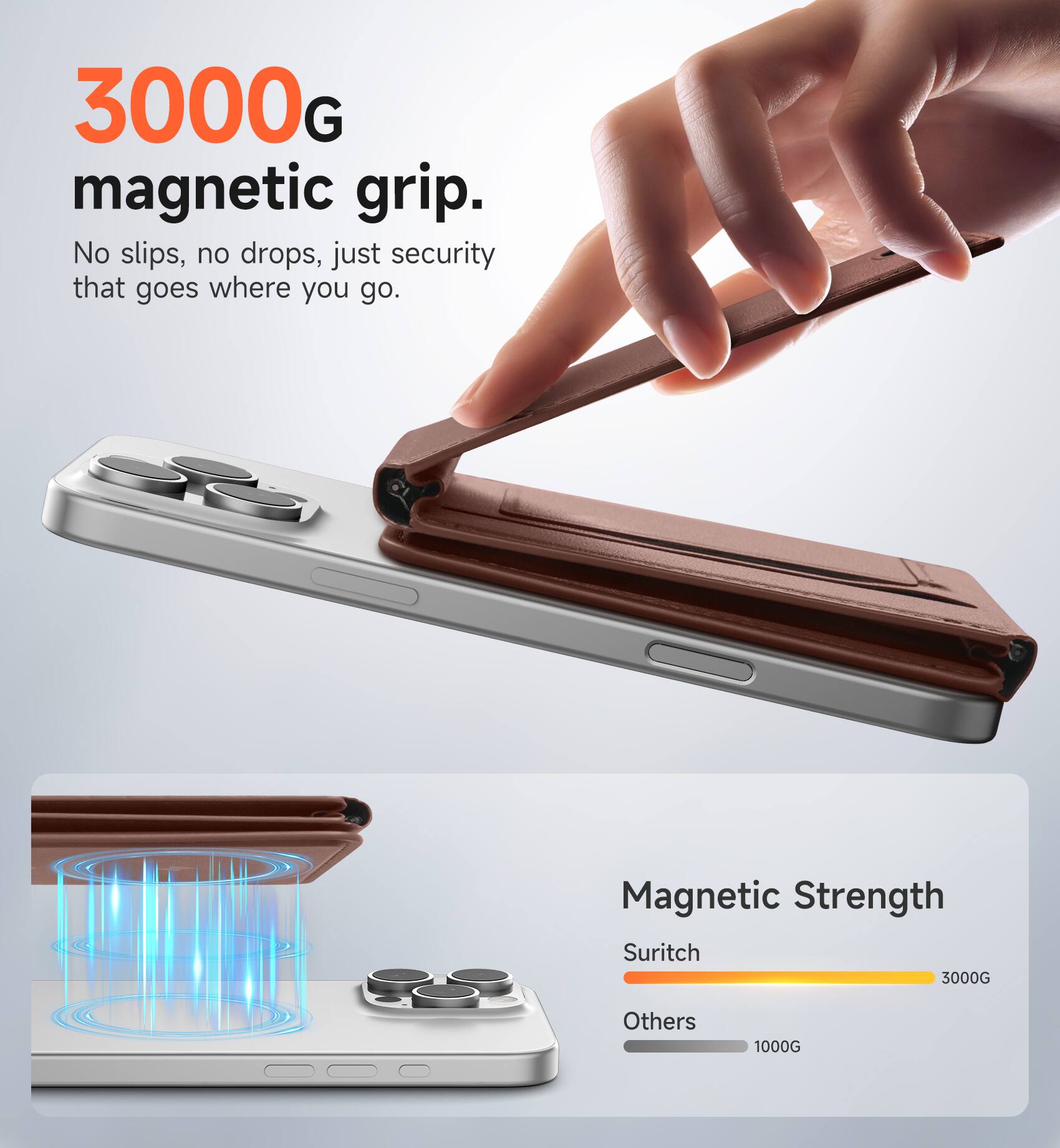 3000G magnetic grip. No slips, no drops, just security that goes where you go.

Magnetic Strength
Suritch 3000G
Others 1000G