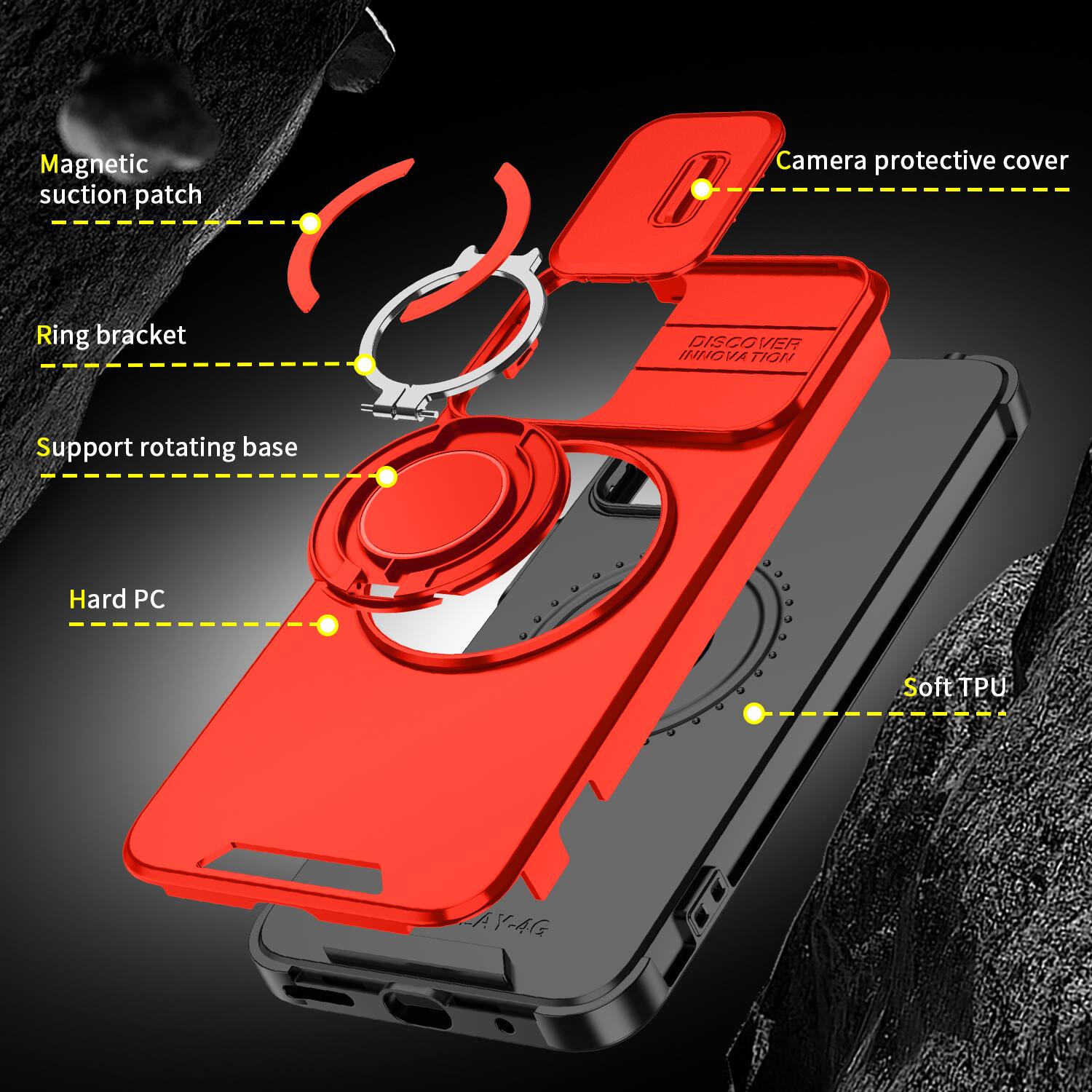 Magnetic suction patch  
Camera protective cover  
Ring bracket  
DISCOVER INNOVATION  
Support rotating base  
Hard PC  
Soft TPU  
LAY-AG