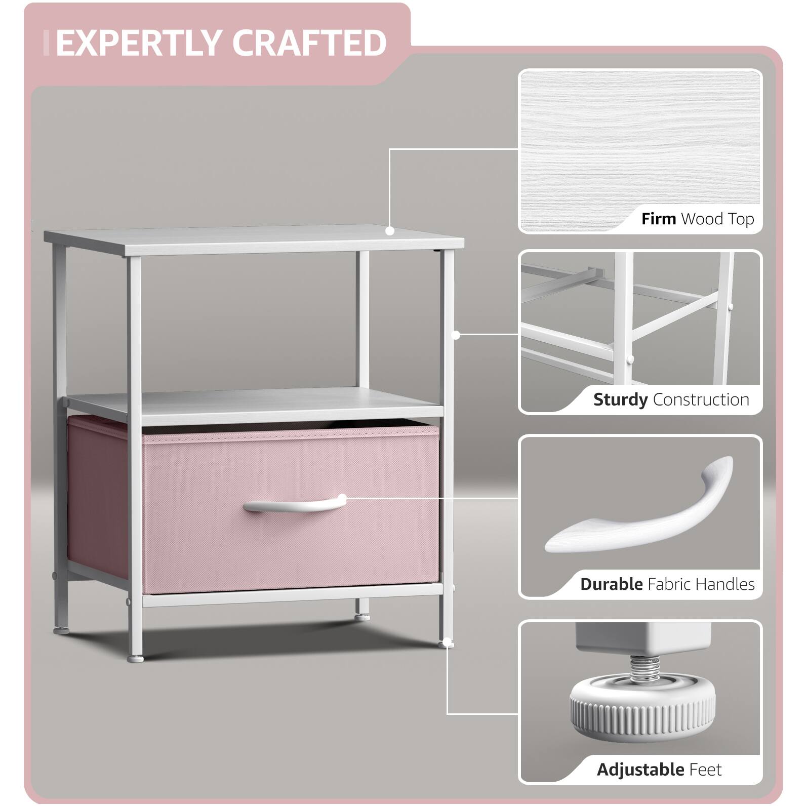 EXPERTLY CRAFTED

- Firm Wood Top
- Sturdy Construction
- Durable Fabric Handles
- Adjustable Feet