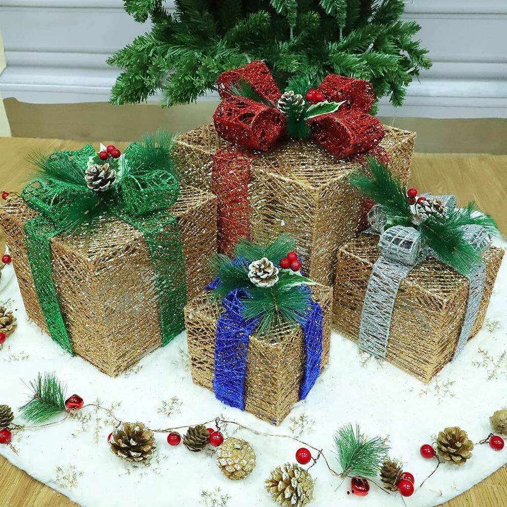 Back. RTMB - 4-Pack Lighted Christmas Gift Boxes, 70 LED, Gold Glitter, Indoor/Outdoor - color: gold+red, gold+green, gold+silver  Style: A.