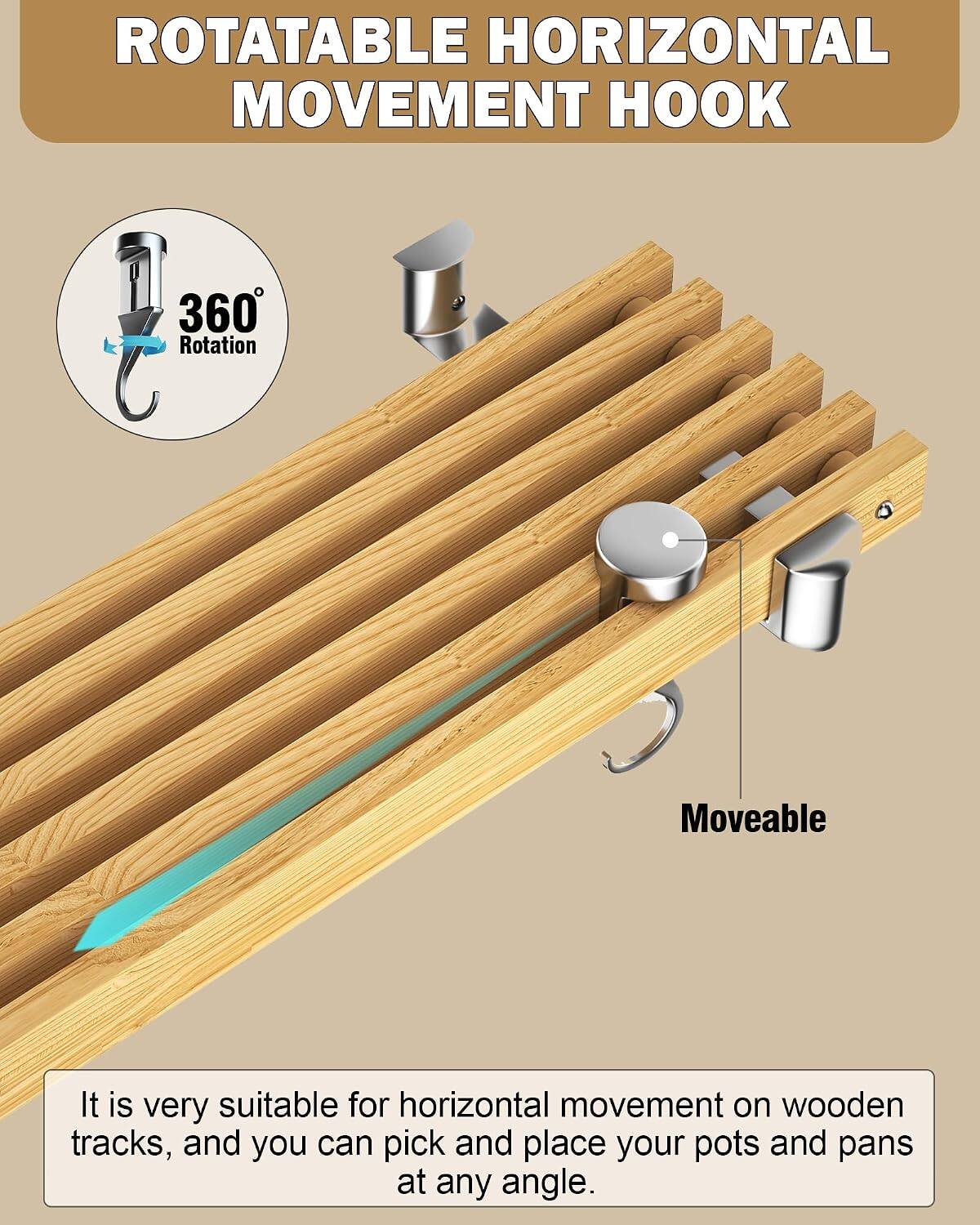 ROTATABLE HORIZONTAL MOVEMENT HOOK

1. 360° Rotation
2. Moveable

It is very suitable for horizontal movement on wooden tracks, and you can pick and place your pots and pans at any angle.