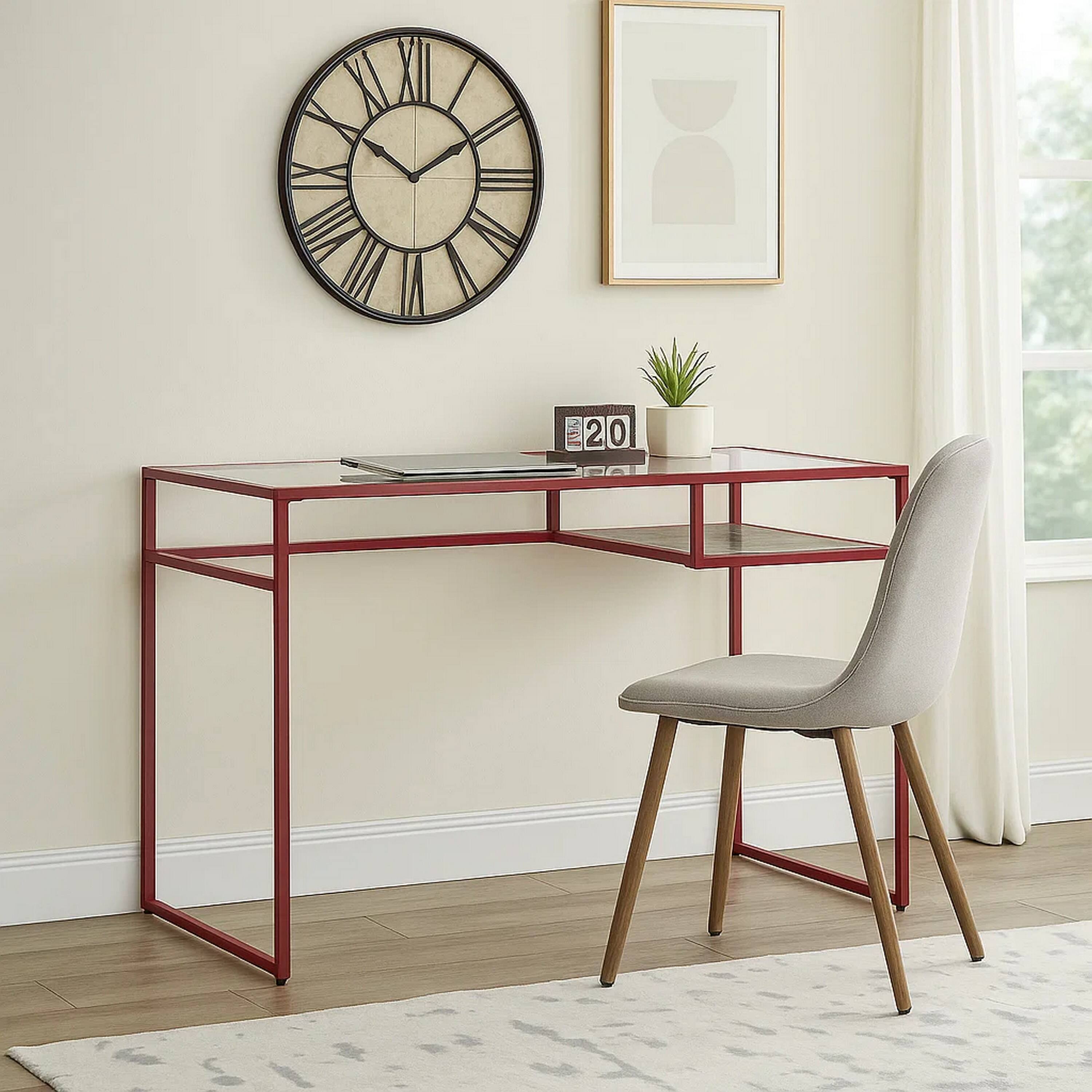 Alt View 2. Manhattan Lane - Rectangular Glass Top Desk with Open Compartment and Sled Base, Red - Red.