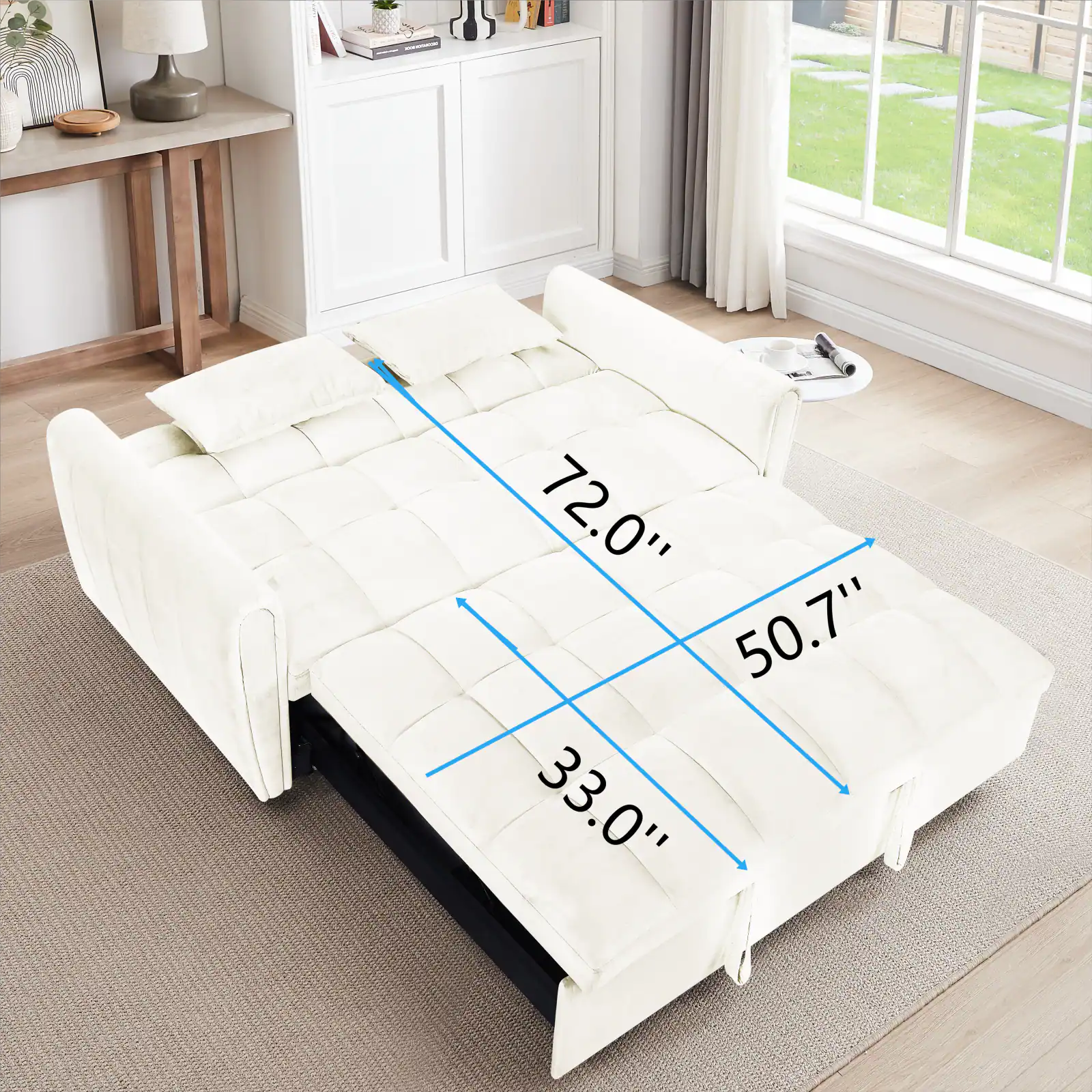 The dimensions of the bed are 72.0" in length, 50.7" in width, and 33.0" in height.