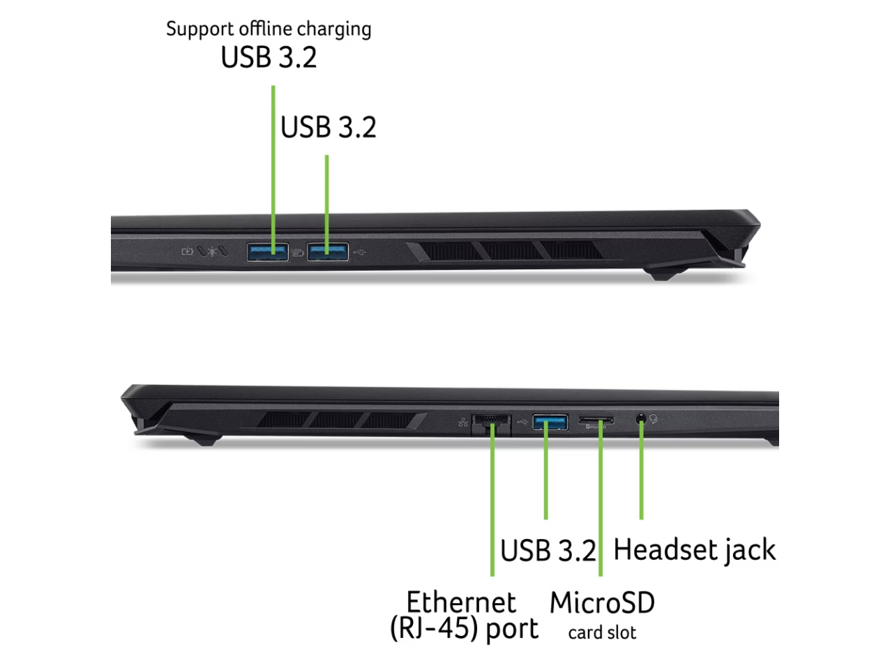 Support offline charging  
USB 3.2  
USB 3.2  
Headset jack  
Ethernet (RJ-45) port  
MicroSD card slot