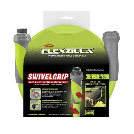 CLEXZILLA Legacy FLEXZILLA PREMIUM HOSES, TOOLS & EQUIPMENT
Anodized aircraft aluminum ends
SWIVELGRIP
Hose & Grip Rotate Independently
Makes Connections & Uncoiling Easy
Tight Leak-Free Connections
- A large grip lets you use the power of your entire hand to make light connections
- A durable O-ring provides long-lasting leak-free connections
Premium Materials & Construction
- Durable outer cover resists abrasion, UV, and mold
- Reinforced mid-layering provides extra strength
- Inner tube is drinking water safe
5 ft 5/8" Hose & Grip
Premium Flexible Hybrid Polymer
Ideal for Connecting Reel to Spigot
Limited Lifetime Warranty
It's not ZillaGreen™, it's not Flexzilla™
150 PSI working pressure
SwivelGrip™ Patent Pending