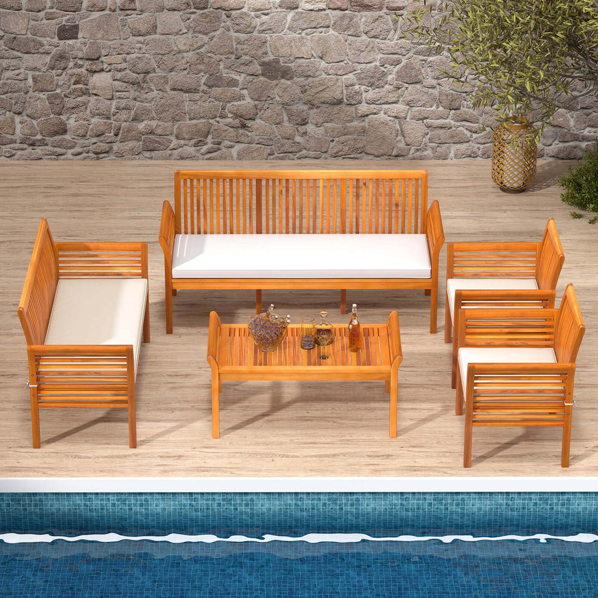 Back. Costway - 5 PCS Patio Furniture Set with Acacia Wood Frame & Removable Seat Cushions - Off White,Natural.