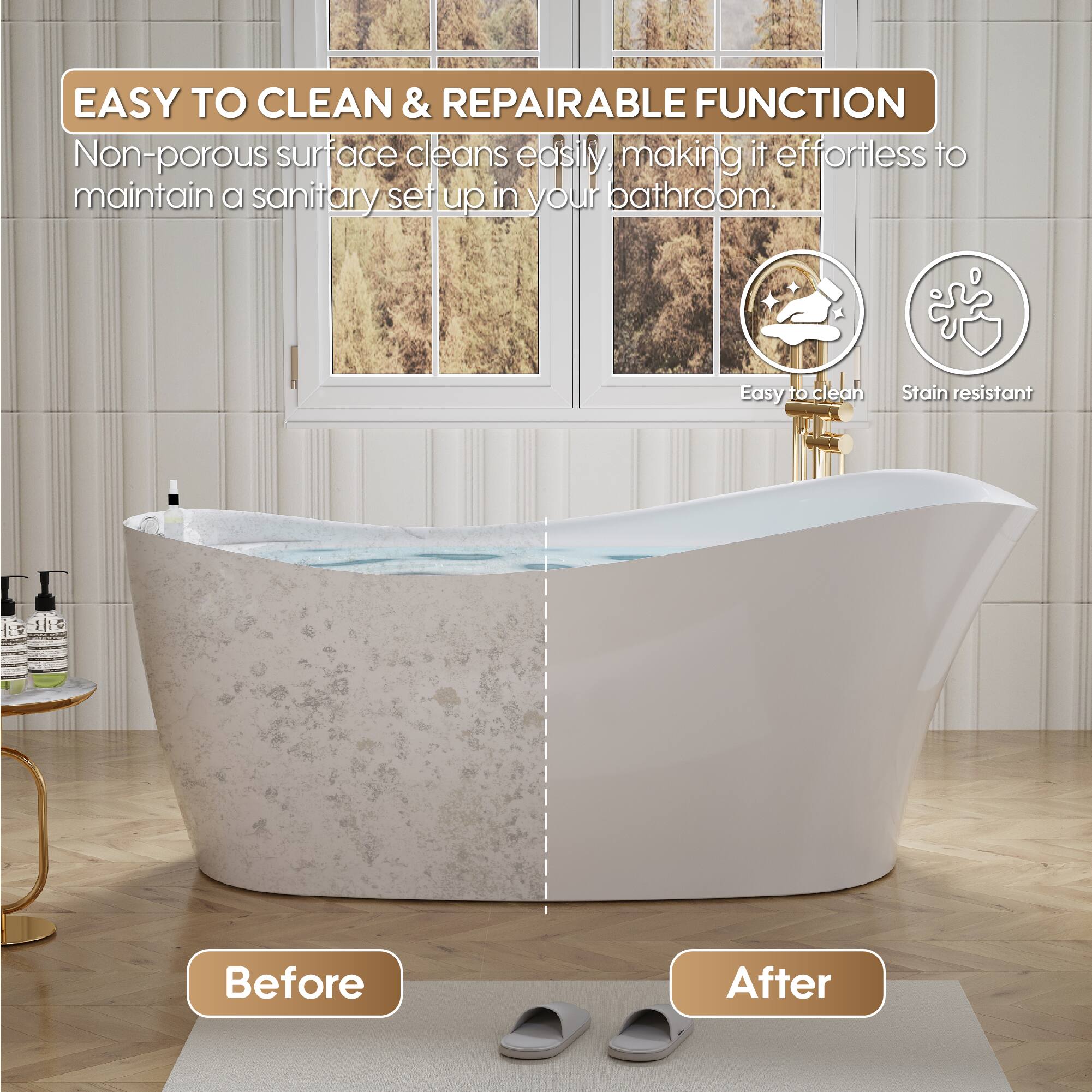 EASY TO CLEAN & REPAIRABLE FUNCTION

Non-porous surface cleans easily making it effortless to maintain a sanitary set up in your bathroom

Easy to clean
Stain resistant

Before
After