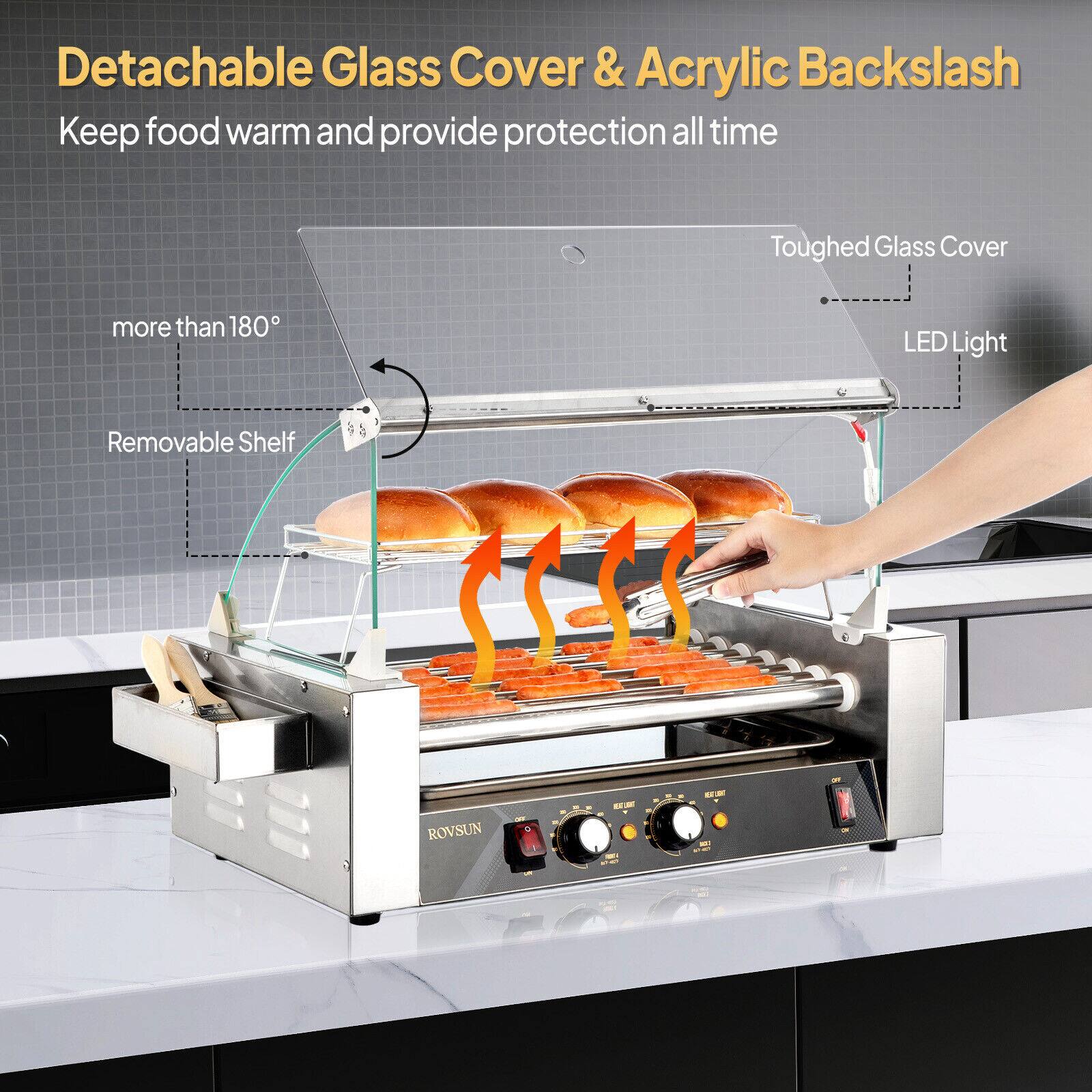 Detachable Glass Cover & Acrylic Backslash  
Keep food warm and provide protection all time  

- Toughed Glass Cover  
- LED Light  
- Removable Shelf  
- more than 180°