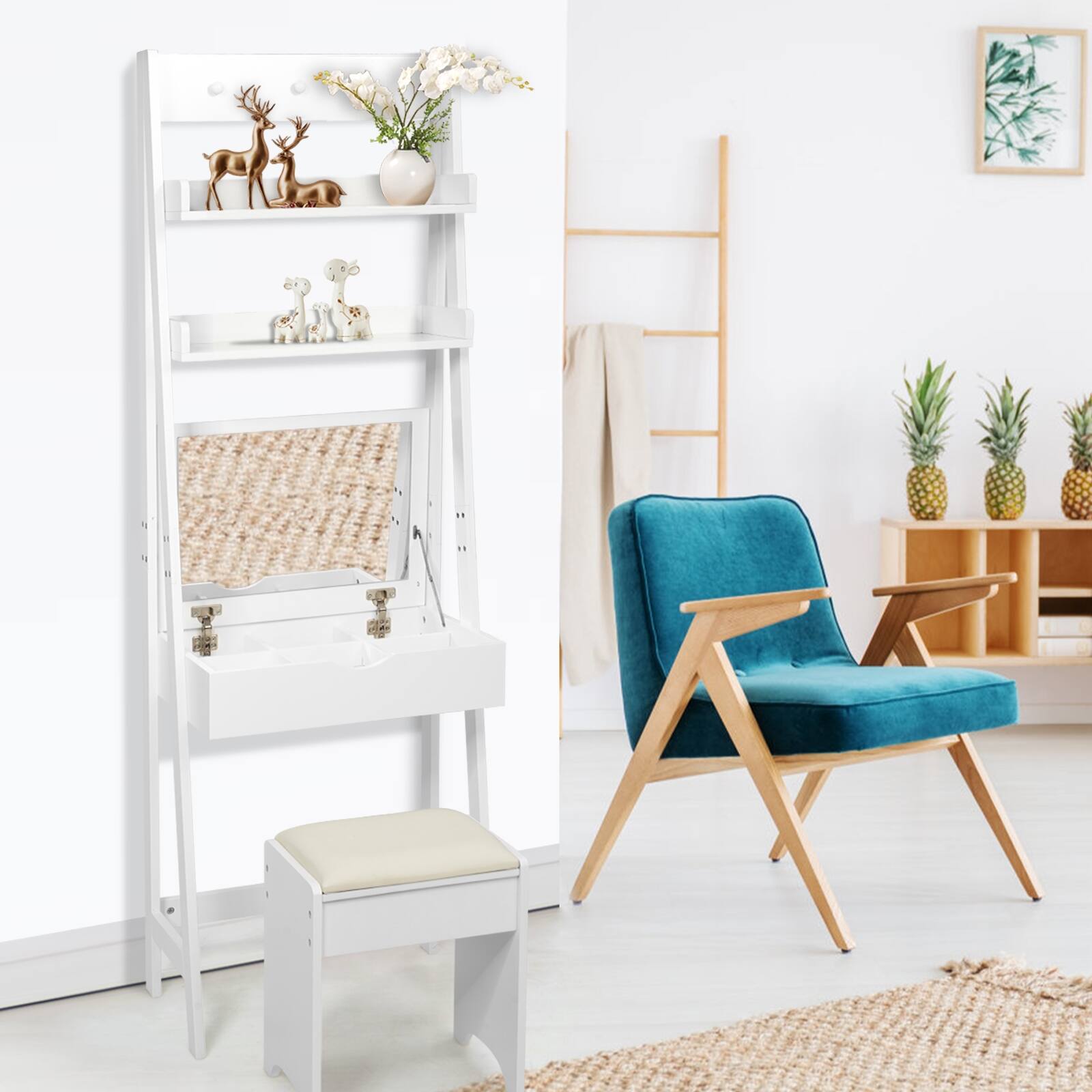 Alt View 8. Ecooso - 3-in-1 Makeup Vanity Table with Flip Mirror, Open Shelf and Multiple Organizer Compartments - White.