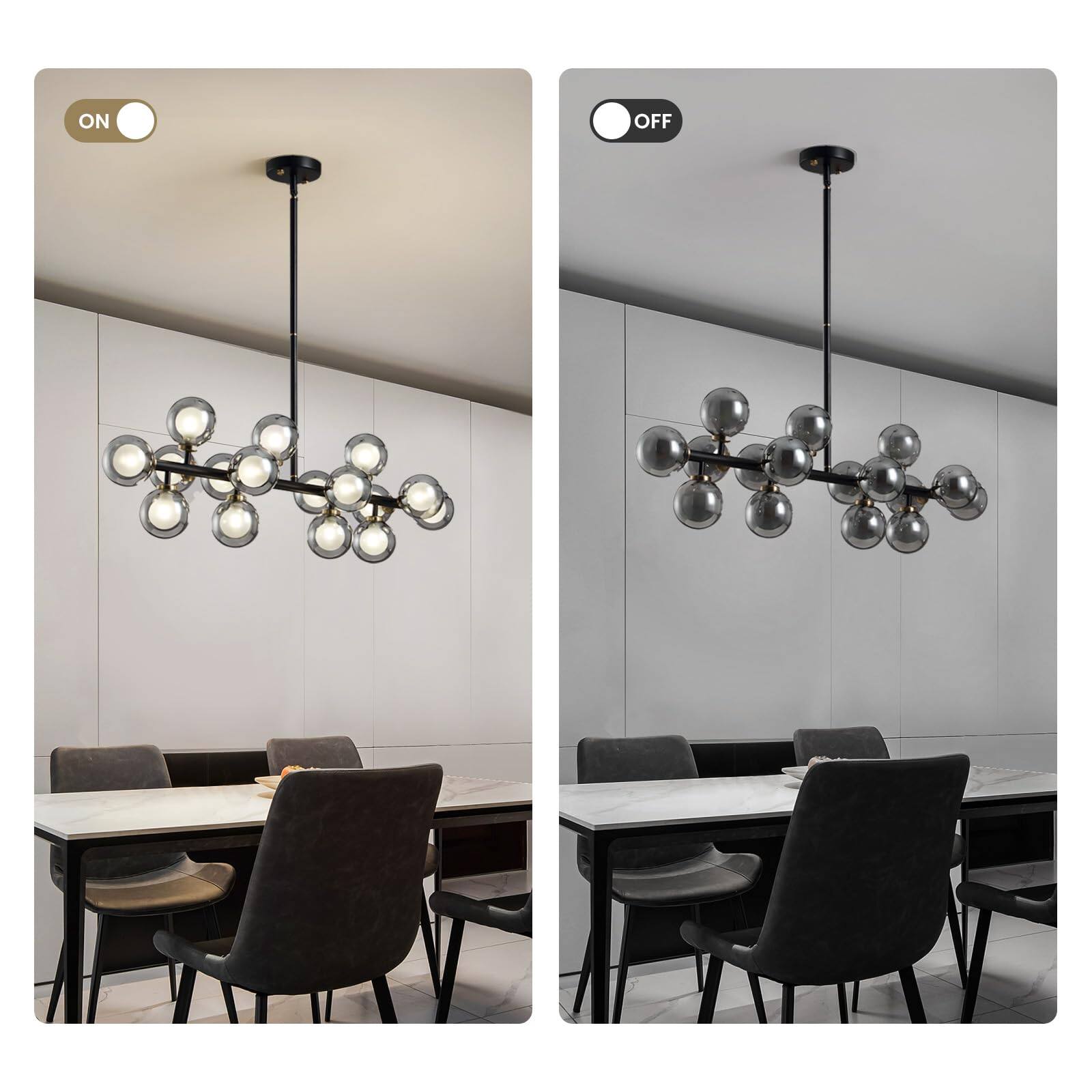 Back. Siljoy - 16-Light Linear Double Glass Shade Molecular Chandelier, Smoke Gray Texture, Minimalist Design for Versatile Spaces. - Black.