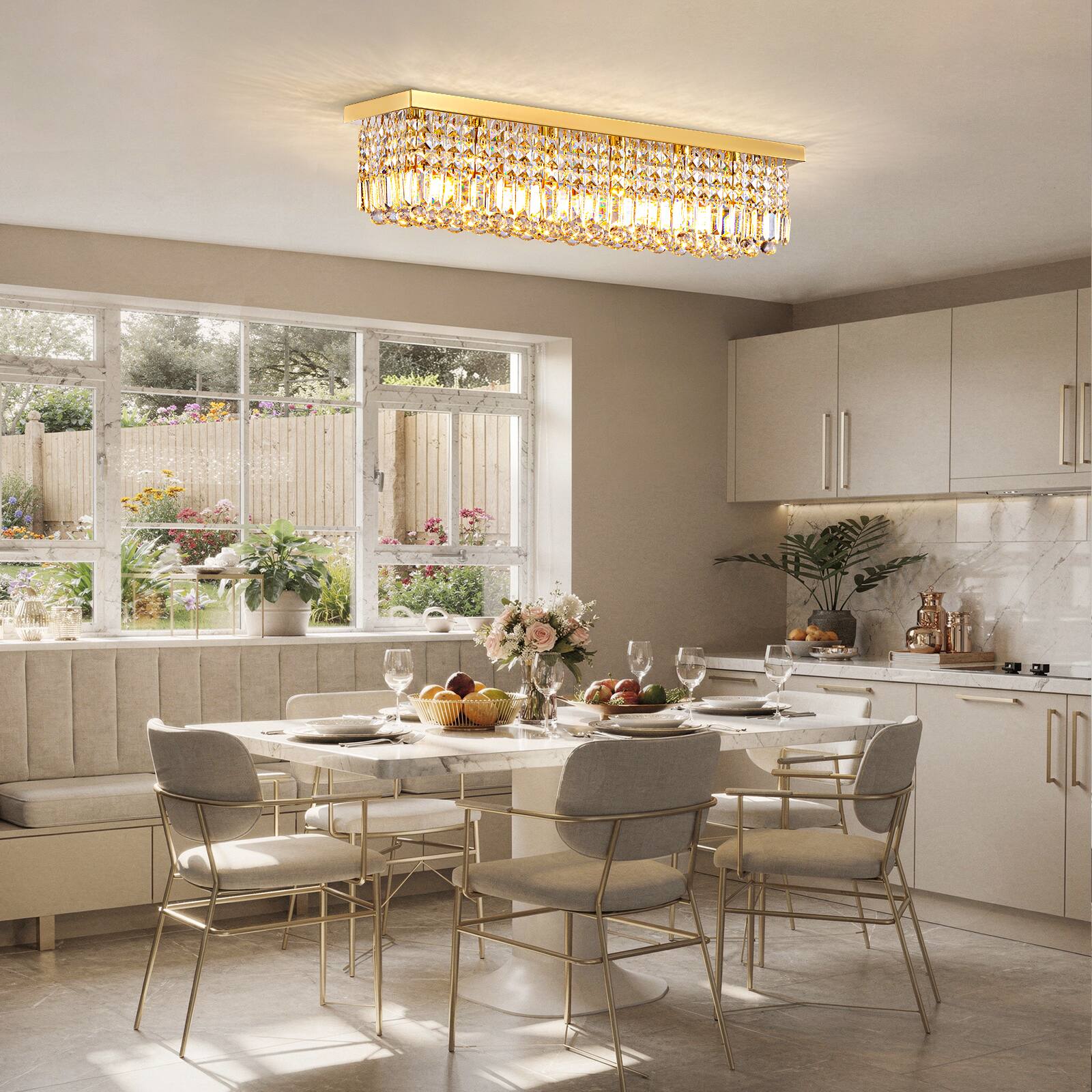 Alt View 1. Siljoy - 31.5" 6-Light Gold Linear K9 Crystal Chandelier, Flush Mount Dimmable E12 Ceiling Light for Dining Kitchen Living Room - Gold.