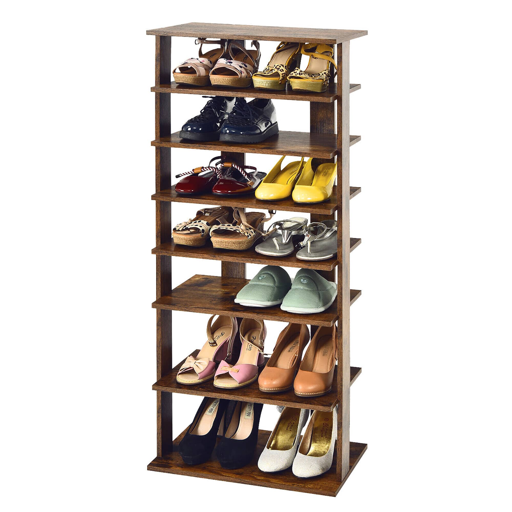 Gymax - Patented 7-Tier Double Shoe Rack Free Standing Shelf Storage Tower - Rustic Brown