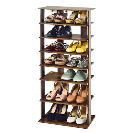 Front. Gymax - Gymax Patented 7-Tier Double Shoe Rack Free Standing Shelf Storage Tower Rustic Brown - Rustic Brown.