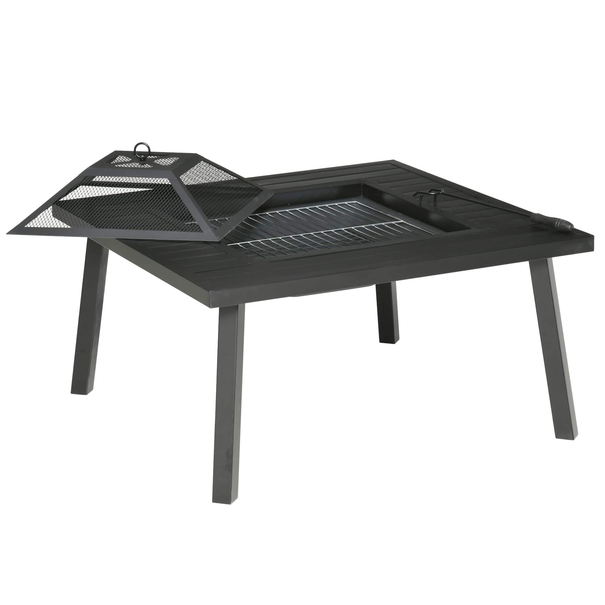 Outsunny - Fire Pit with Grill, Metal Outdoor Wood Burning Firepit with Spark Screen, Fire Poker, Cover - Black