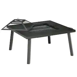 Outsunny - Fire Pit with Grill, Metal Outdoor Wood Burning Firepit with Spark Screen, Fire Poker, Cover - Black