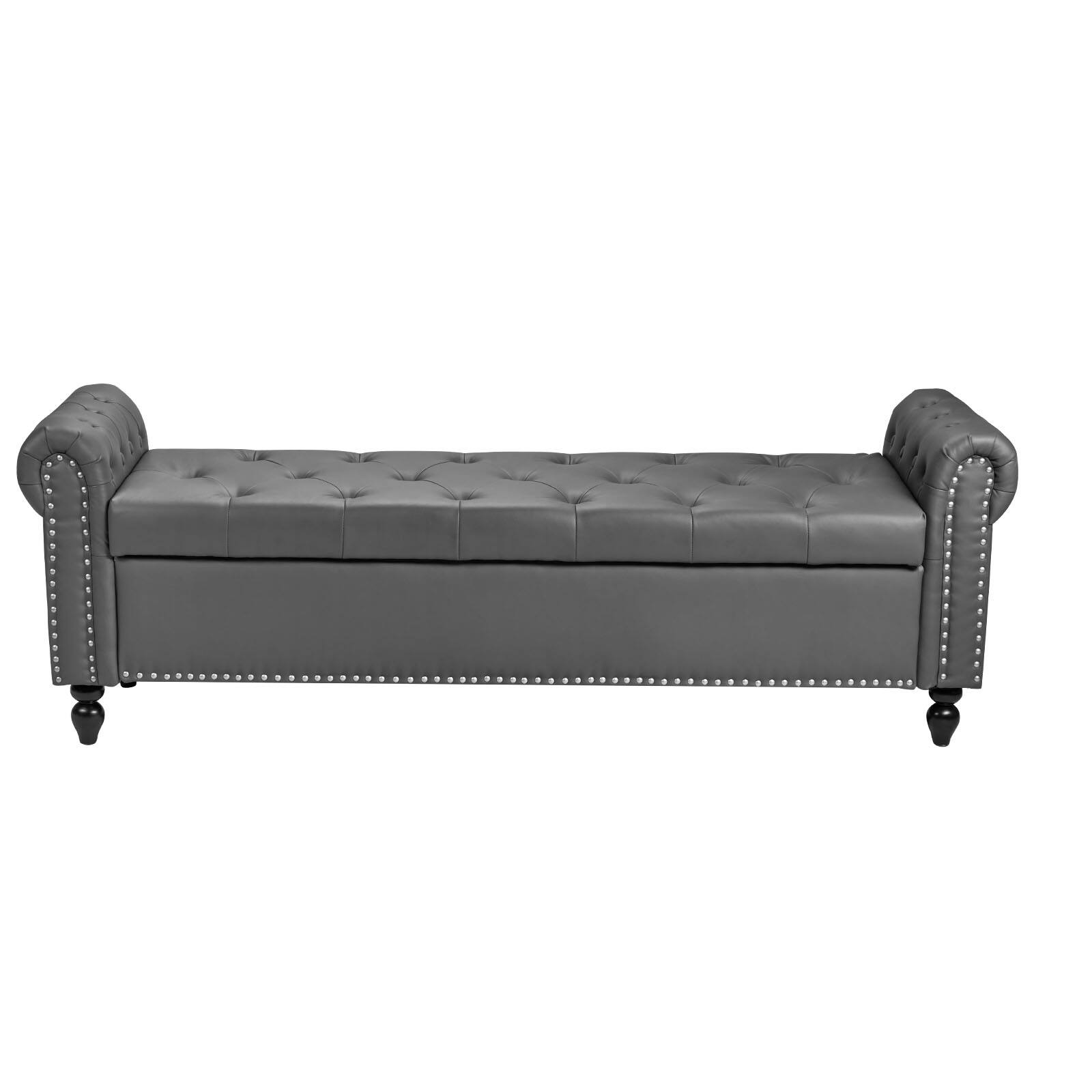 Alt View 5. VEVOR - Button-Tufted Storage Ottoman Bench, Rolled Arm PU Leather Bench with Solid Wood Legs - Grey.